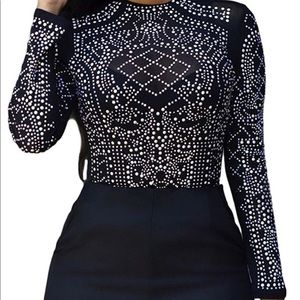 Sheer Mesh Long Sleeve Bodycon Studded